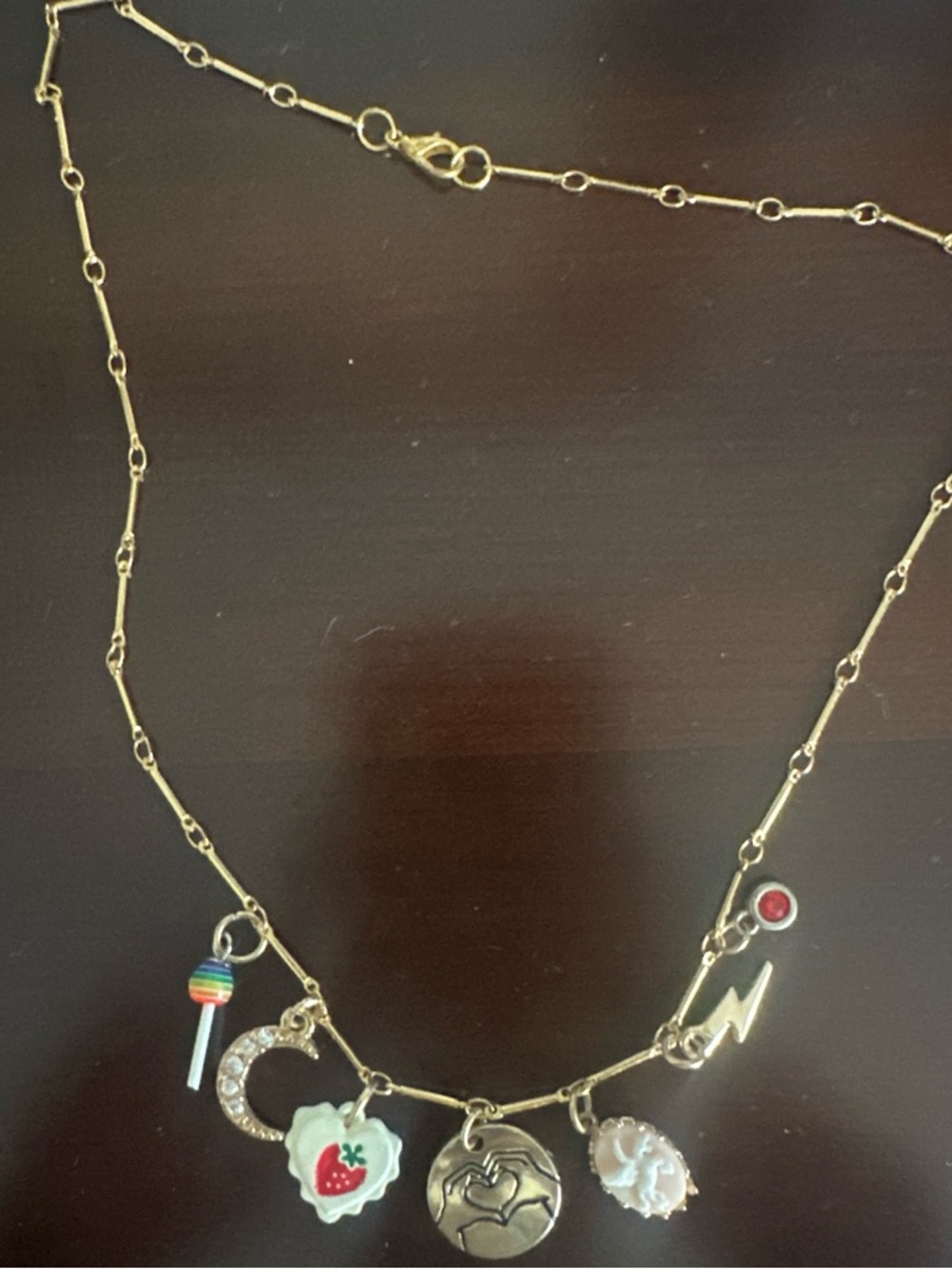Gold-Tone Charm Necklace with Rainbow Lollipop, Strawberry & Moon Charms - Picture 1 of 2